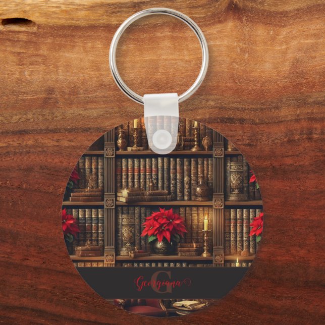 Custom Name Dark Academia Poinsettia Bookshelf Keychain (Front)