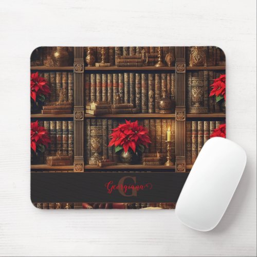 Custom Name Dark Academia Poinsettia Bookshelf Mouse Pad