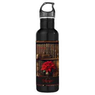 Custom Name Dark Academia Poinsettia Bookshelf Stainless Steel Water Bottle