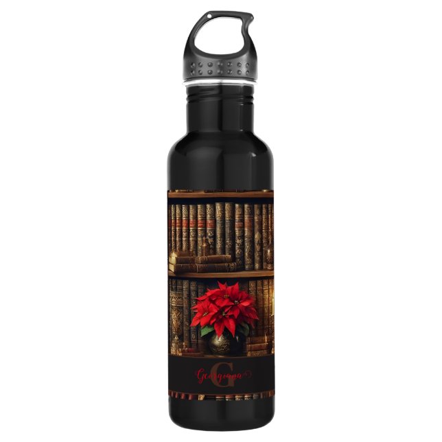 Custom Name Dark Academia Poinsettia Bookshelf Stainless Steel Water Bottle (Front)