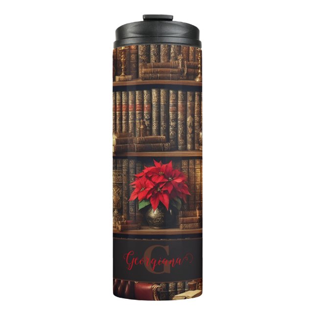 Custom Name Dark Academia Poinsettia Bookshelf Thermal Tumbler (Front)