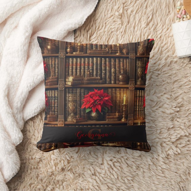 Custom Name Dark Academia Poinsettia Bookshelf Throw Pillow (Blanket)