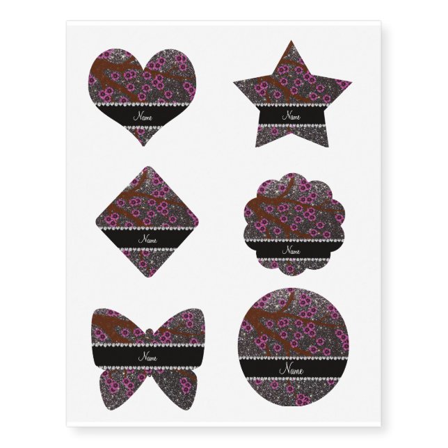 Custom name dark gray glitter cherry blossoms temporary tattoos (Front)