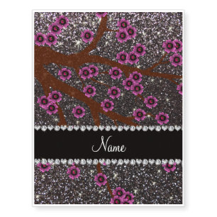 Custom name dark gray glitter cherry blossoms temporary tattoos