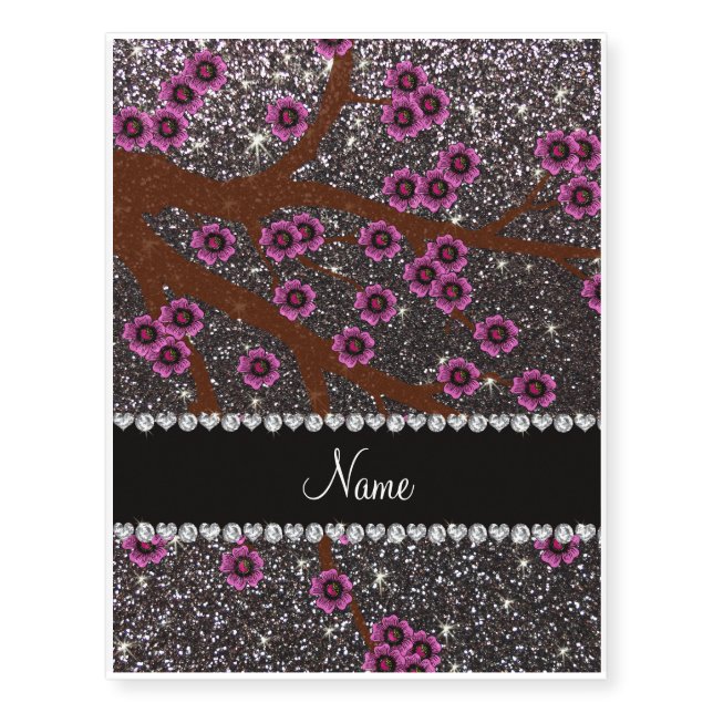 Custom name dark gray glitter cherry blossoms temporary tattoos (Front)