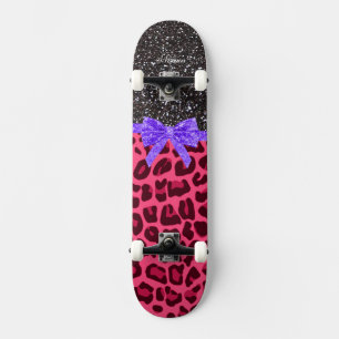 Custom name dark gray glitter pink leopard bow skateboard deck