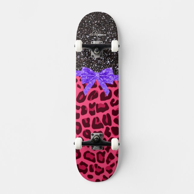 Custom name dark gray glitter pink leopard bow skateboard deck (Front)