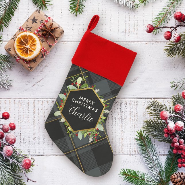 Custom Name Dark Green Tartan Plaid Christmas Stocking (Creator Uploaded)