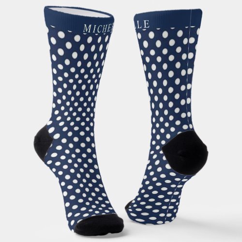 Custom Name Dark Navy Blue White  Polka Dot Socks