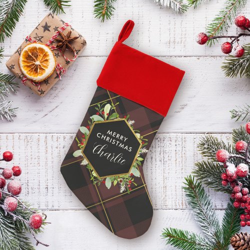 Custom Name Dark Red Tartan Plaid Christmas Stocking