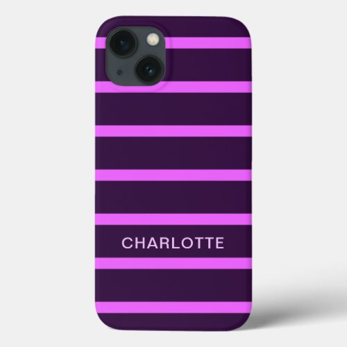 Custom Name Dark Violet and Hot Pink Striped iPhone 13 Case