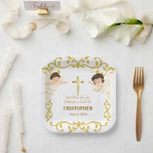 Custom Name & Date Angel Christening Keepsake Paper Plates
