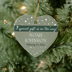 Custom Name & Date Baby on the Sage Green Snowy Ceramic Ornament