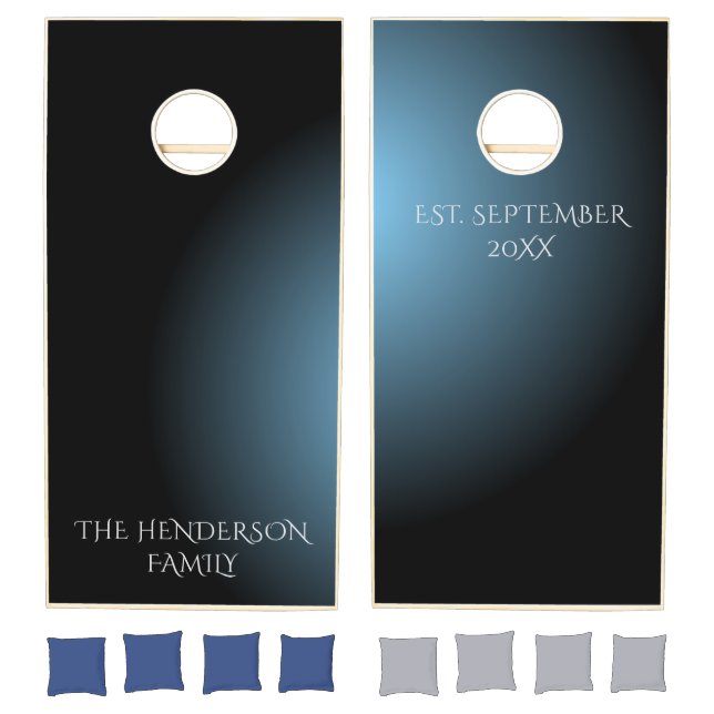 Custom name date blue black ombre gradient elegant cornhole set (Set)