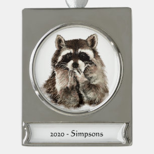 Custom Name Date Cute Raccoon Blowing Kisses Fun Silver Plated Banner Ornament