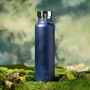 Custom Name Date Elegant Stylish Navy Water Bottle
