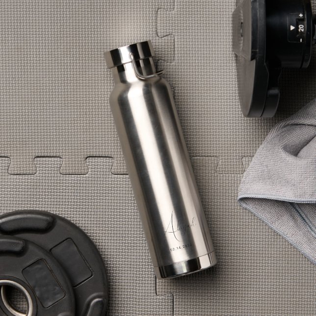 Custom Name Date Elegant Stylish Silver Water Bottle (Gym (Rotated))