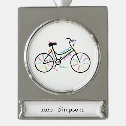 Custom Name date Motivational Bike Sport Words Silver Plated Banner Ornament