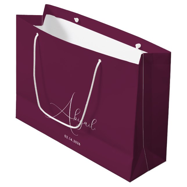 Custom Name Date Stylish Celebration Burgundy Large Gift Bag (Front Angled)