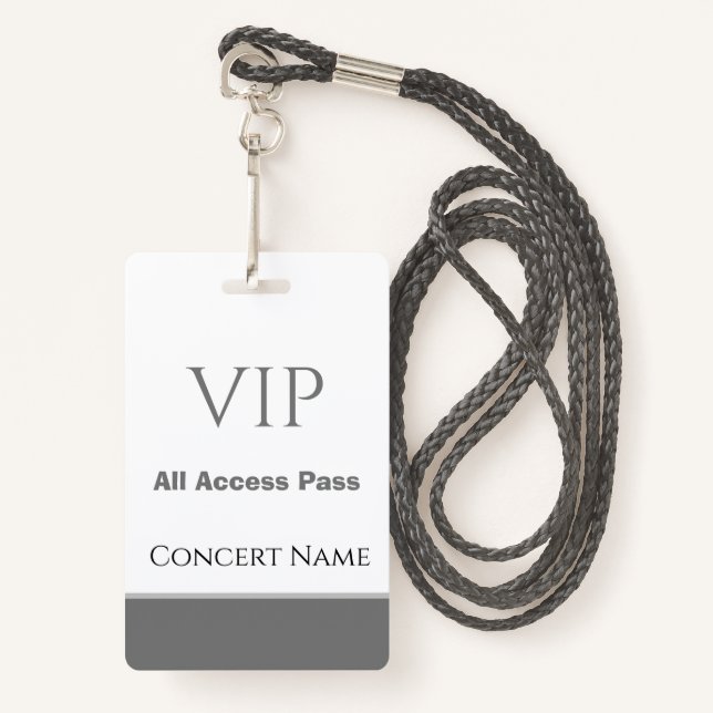 Custom Name Date VIP All Access Pass Concert Gray Badge (Front with Lanyard)