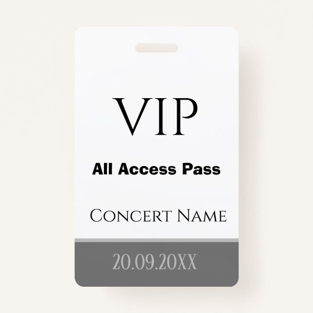 Custom Name Date VIP All Access Pass Gray Concert Badge (Front)