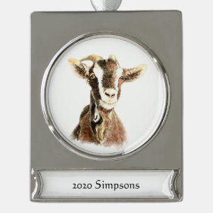 Custom Name Date Watercolor Goat Farm Animal Art Silver Plated Banner Ornament