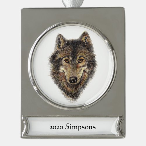 Custom Name Date Watercolor Wolf Animal Art Silver Plated Banner Ornament