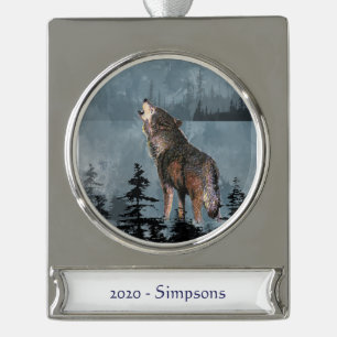 Custom Name date Watercolor Wolf Howling winter Silver Plated Banner Ornament
