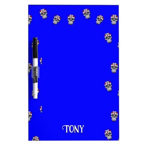 Custom name decorative sugar skull on blue dry erase board