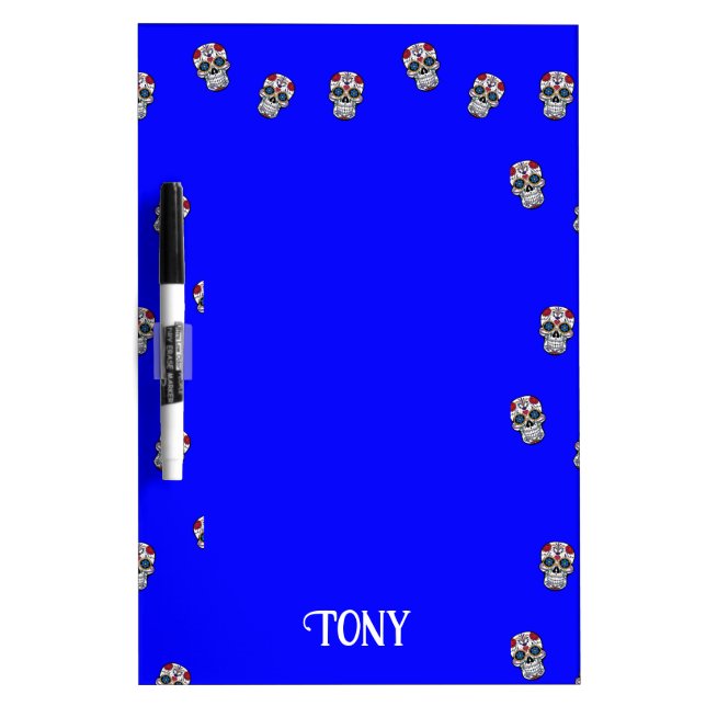 Custom name decorative sugar skull on blue dry erase board (Front)
