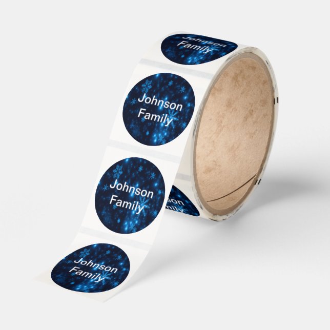 Custom Name Deep Blue & Bright Snowflakes Roll Classic Round Sticker (Roll)