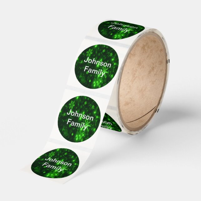 Custom Name Deep Green & Bright Snowflakes Roll Classic Round Sticker (Roll)