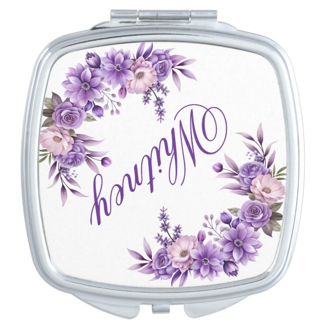 Custom Name Deep Pink Floral Compact Mirror Gift (Front)
