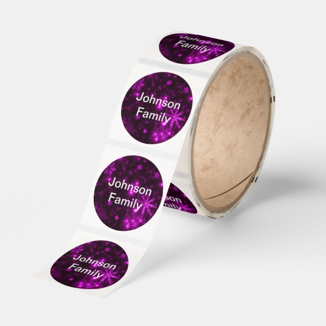 Custom Name Deep Purple & Bright Snowflakes Roll Classic Round Sticker (Roll)