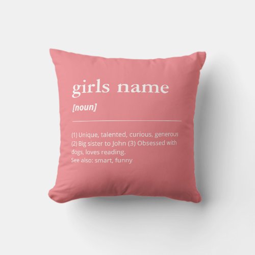 Custom name definition sister girl rose pink throw pillow