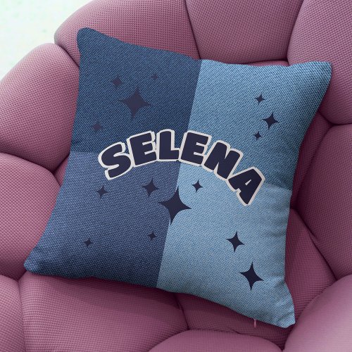 Custom Name Denim Blue Jean Trendy Retro Stars Throw Pillow