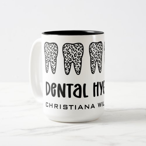 Custom Name Dental Hygienist Leopard Print Teeth Two_Tone Coffee Mug
