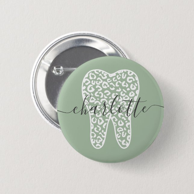 Custom Name Dental Leopard Print Tooth Gift Button (Front & Back)