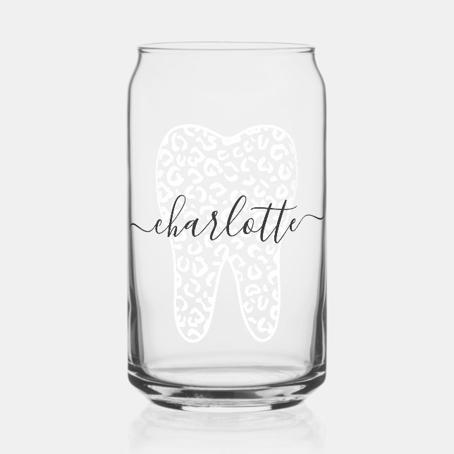 Custom Name Dental Leopard Print Tooth Gift Can Glass (Front)