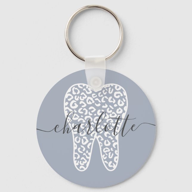 Custom Name Dental Leopard Print Tooth Gift Keychain (Front)