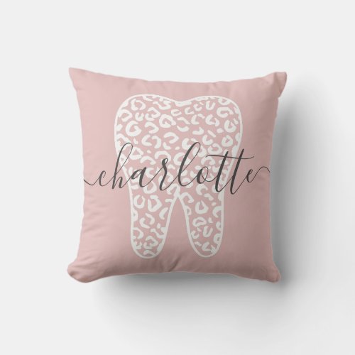 Custom Name Dental Leopard Print Tooth Gift Throw Pillow