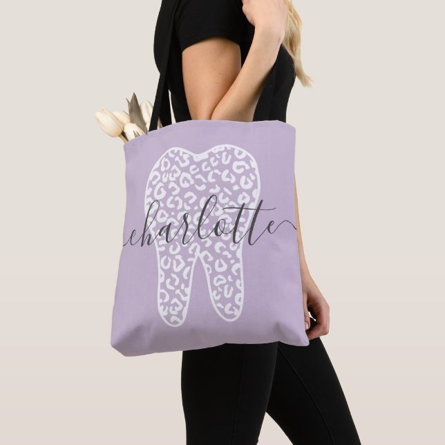 Custom Name Dental Leopard Print Tooth Gift Tote Bag (Close Up)