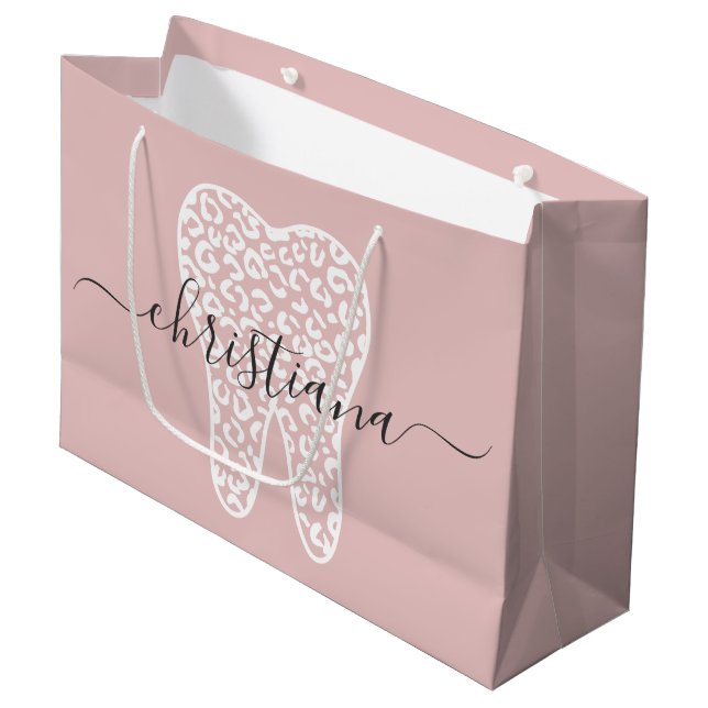 Custom Name Dental Leopard Print Tooth Large Gift Bag (Front Angled)