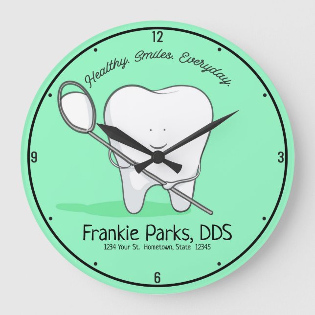 Custom NAME Dentist Office Tooth Healthy Smile Large Clock (Front)
