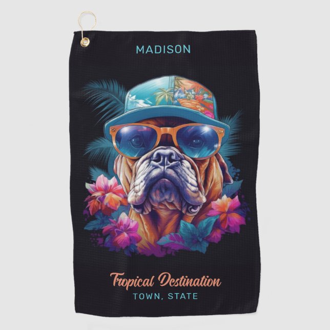 Custom Name & Destination Tropical Vacation Dog Golf Towel (Front)