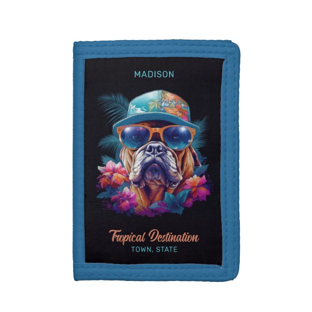 Custom Name & Destination Tropical Vacation Dog Trifold Wallet (Front Vertical)
