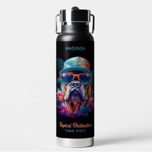 Custom Name & Destination Tropical Vacation Dog Water Bottle