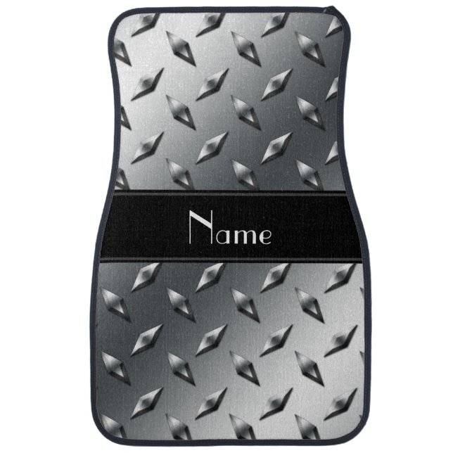 Custom name diamond plate steel black stripe car mat (Front)