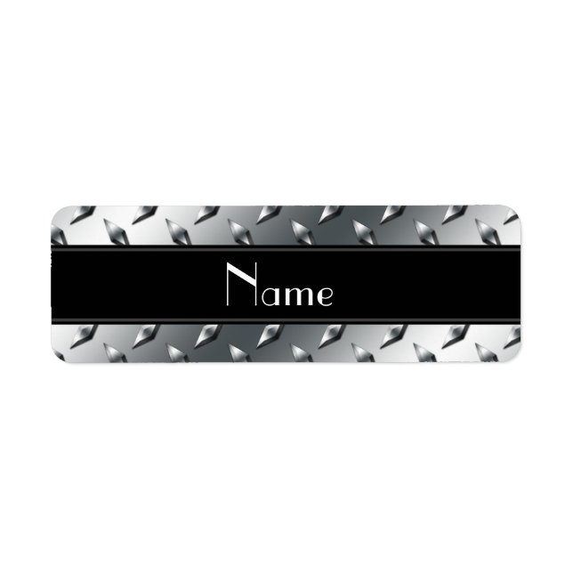 Custom name diamond plate steel black stripe label (Front)