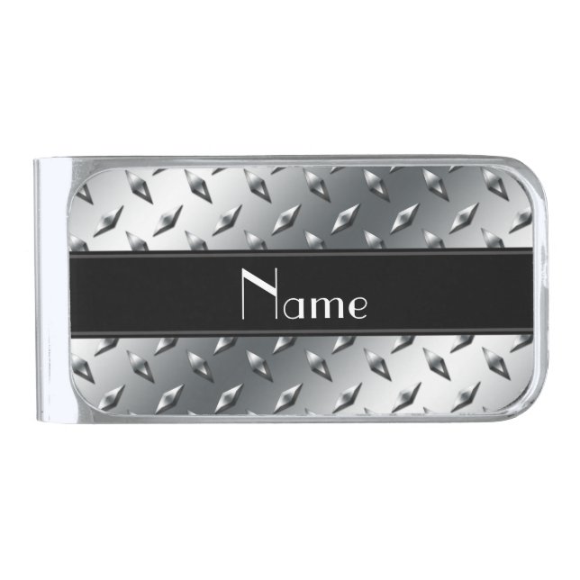 Custom name diamond plate steel black stripe silver finish money clip (Front)